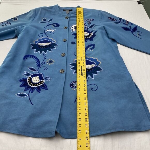 Indigo Moon Jacket Womens 2X Blue Embroidered Flowers Button Front Wearable Art - Picture 13 of 16
